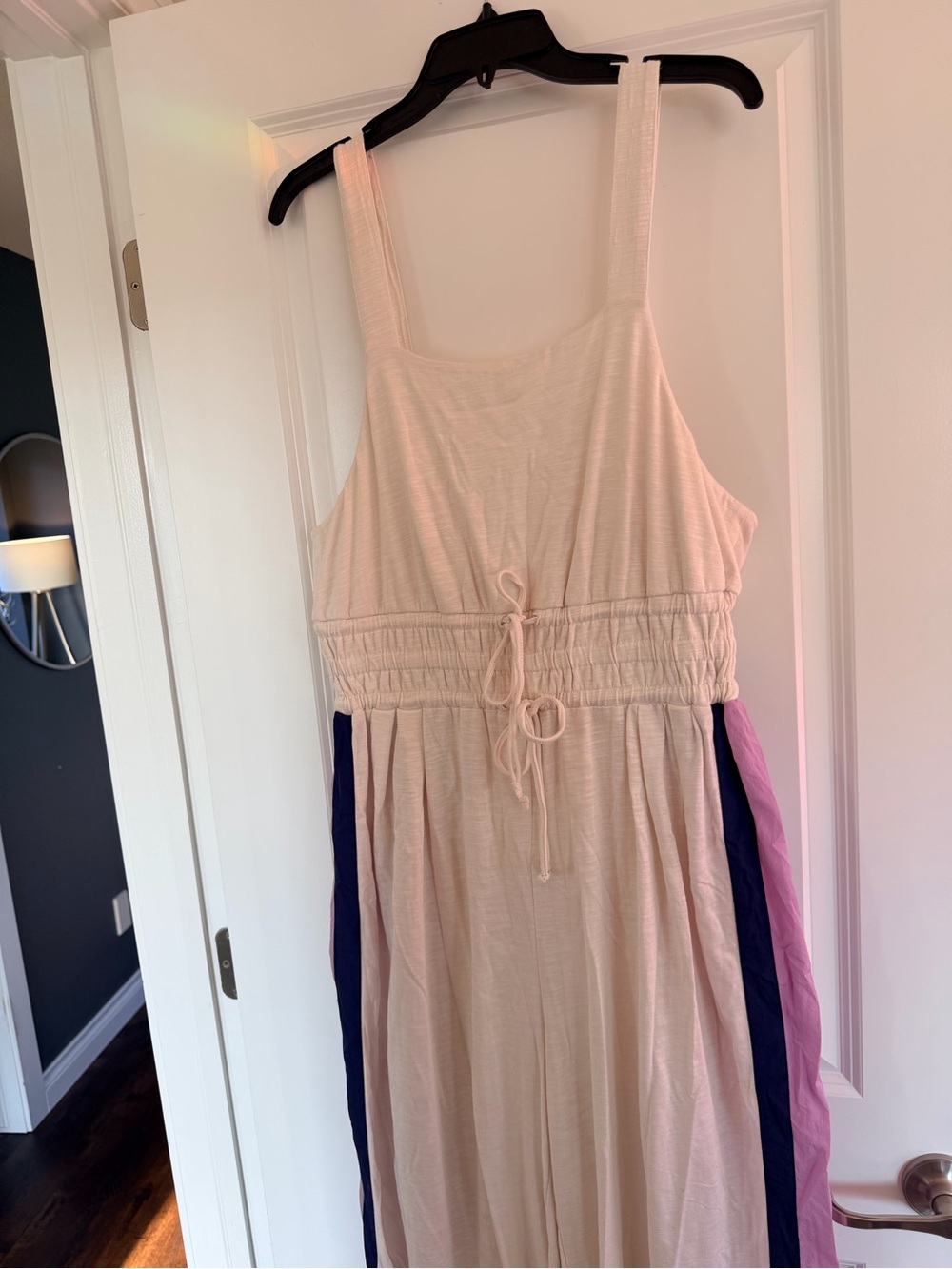 Flowy Cream Striped-Detail Jumpsuit with Drawstring Waist